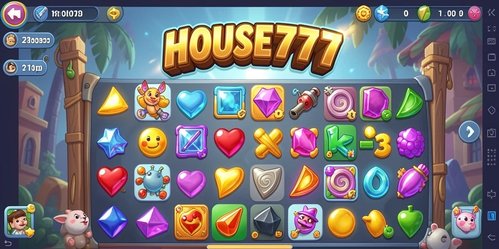 Screenshot utama HOUSE777 menampilkan gameplay Match-3 yang seru dan penuh warna.